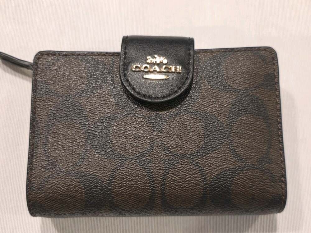 Coach Medium Corner Zip Wallet Signature Coated Canvas Black Leather